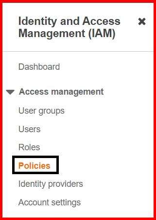 Picture showing the policies menu in the IAM module